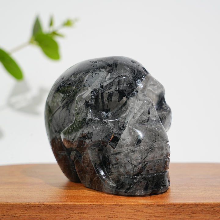 Unique,Natural Crystal Black Tourmaline In Quartz Skull Carving