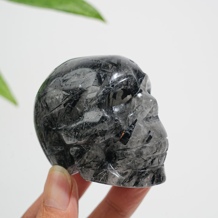 Unique,Natural Crystal Black Tourmaline In Quartz Skull Carving