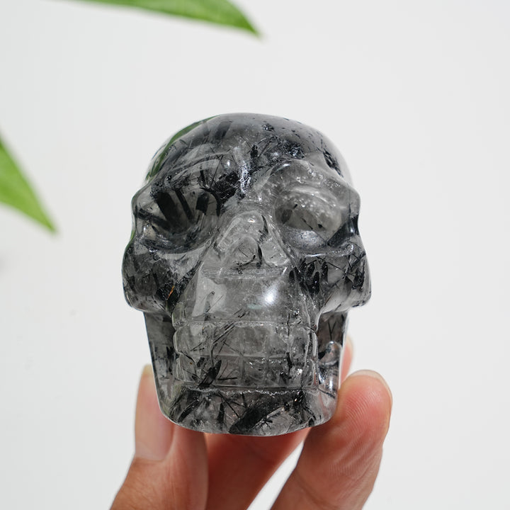 Unique,Natural Crystal Black Tourmaline In Quartz Skull Carving
