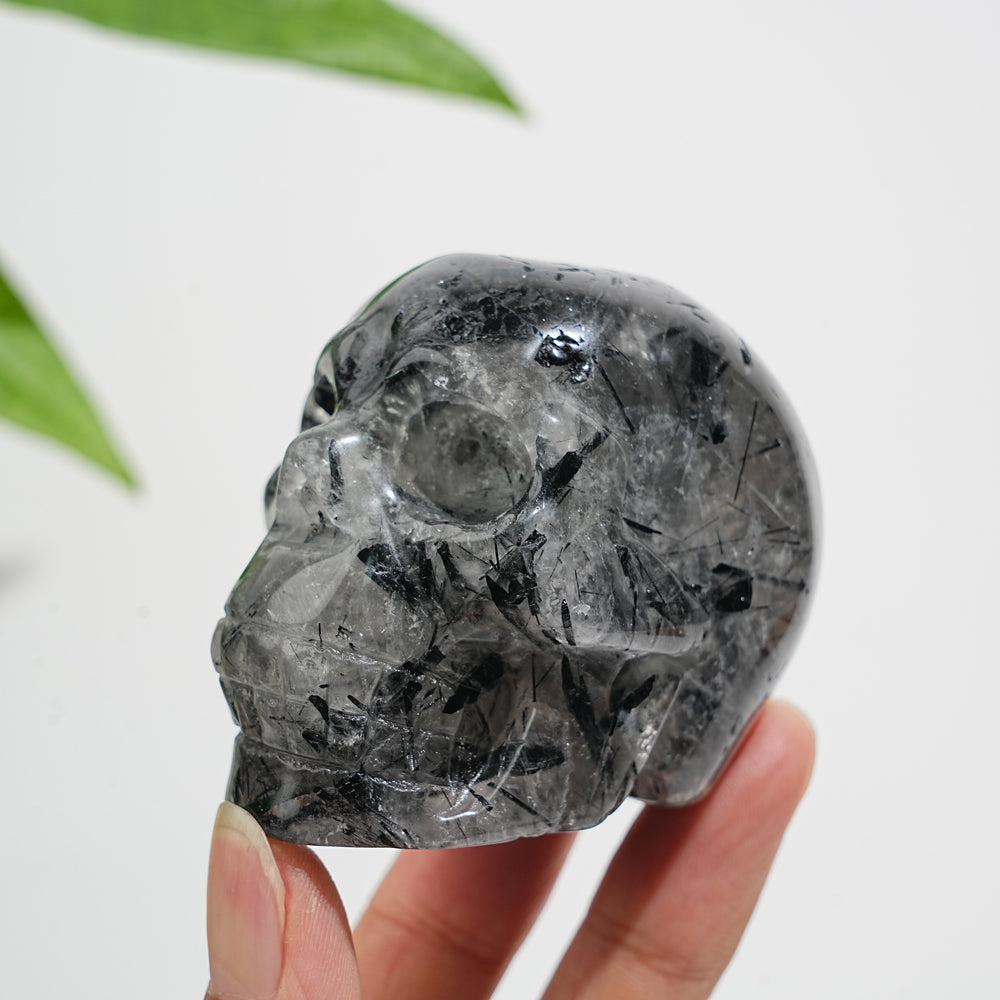 Unique,Natural Crystal Black Tourmaline In Quartz Skull Carving