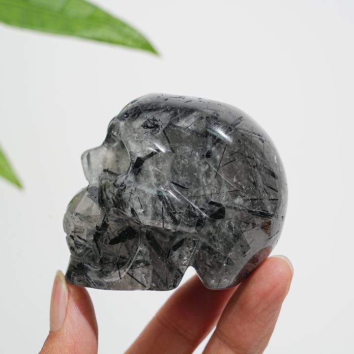 Unique,Natural Crystal Black Tourmaline In Quartz Skull Carving