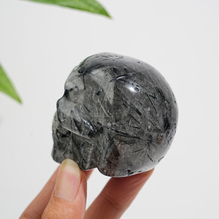 Unique,Natural Crystal Black Tourmaline In Quartz Skull Carving