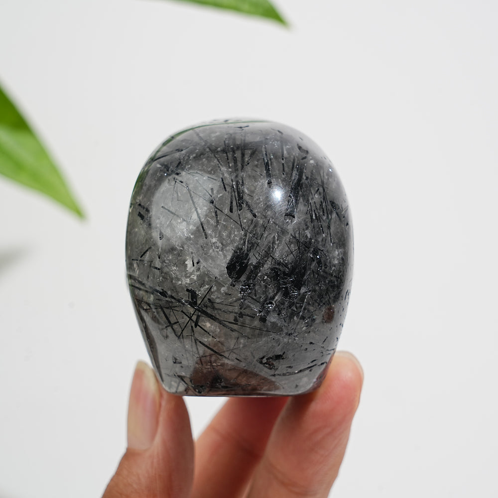 Unique,Natural Crystal Black Tourmaline In Quartz Skull Carving