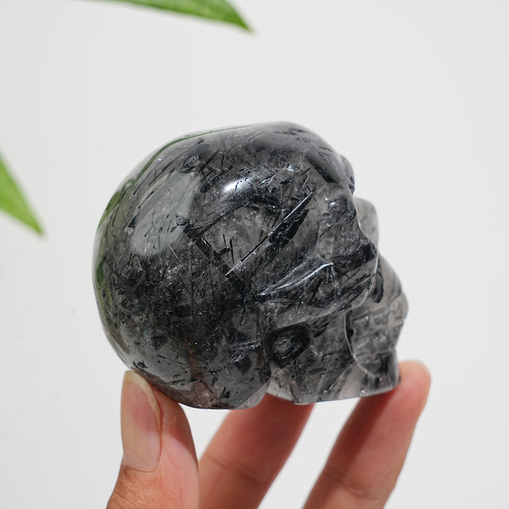 Unique,Natural Crystal Black Tourmaline In Quartz Skull Carving