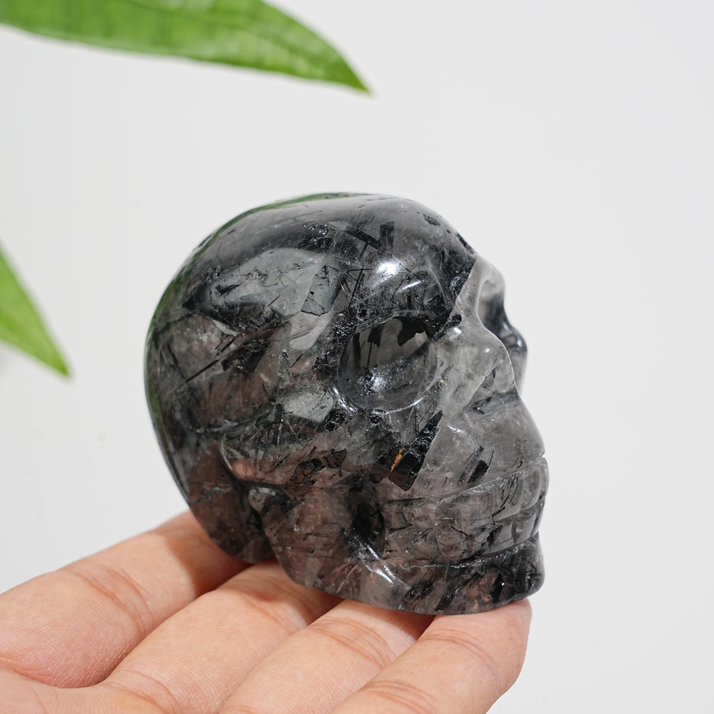 Unique,Natural Crystal Black Tourmaline In Quartz Skull Carving