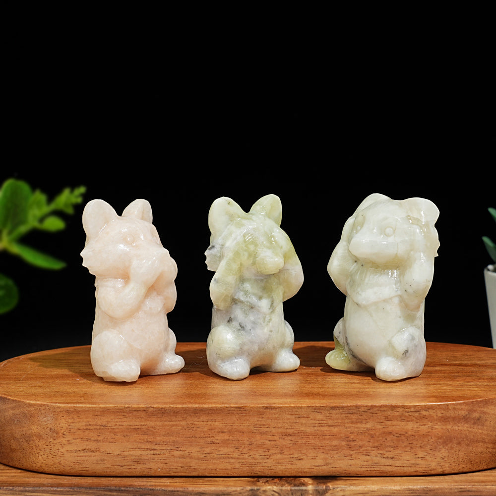 Natural Crystal Three Wise Wolves Carving