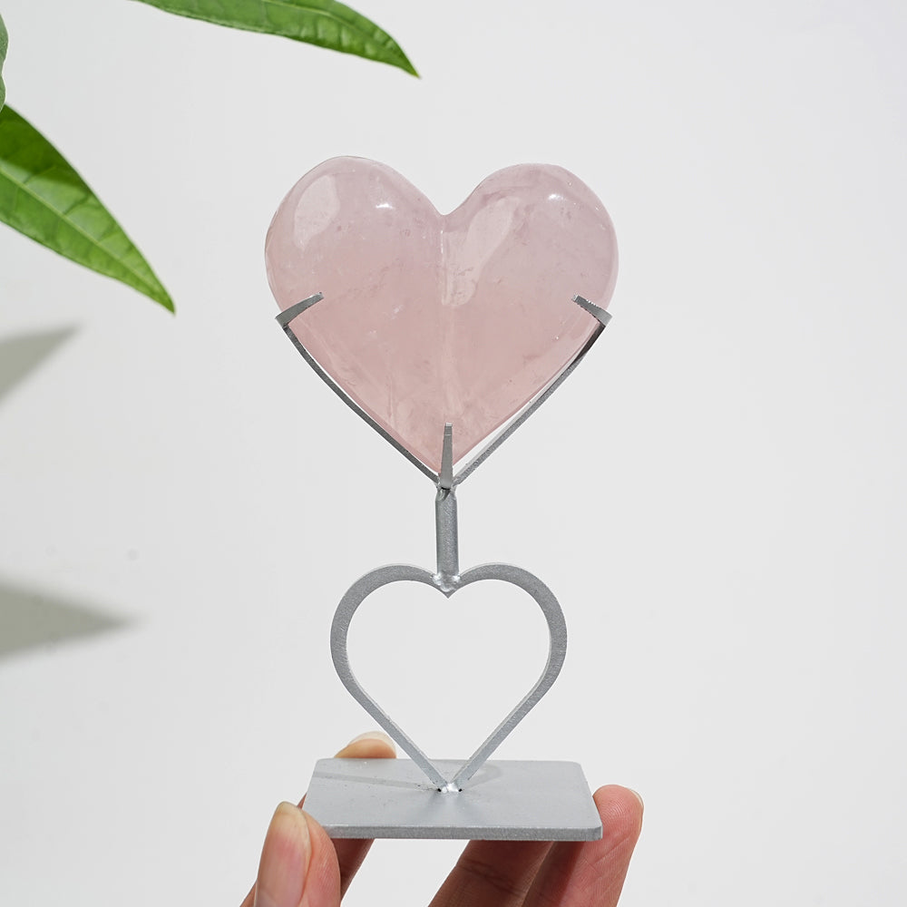 Unique,Natural Crystal Rose Quartz Heart With Stand