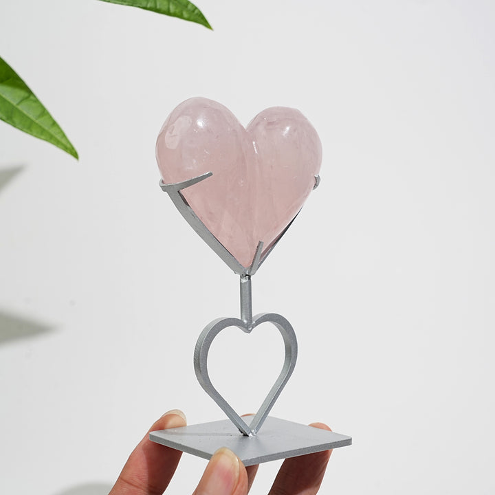 Unique,Natural Crystal Rose Quartz Heart With Stand