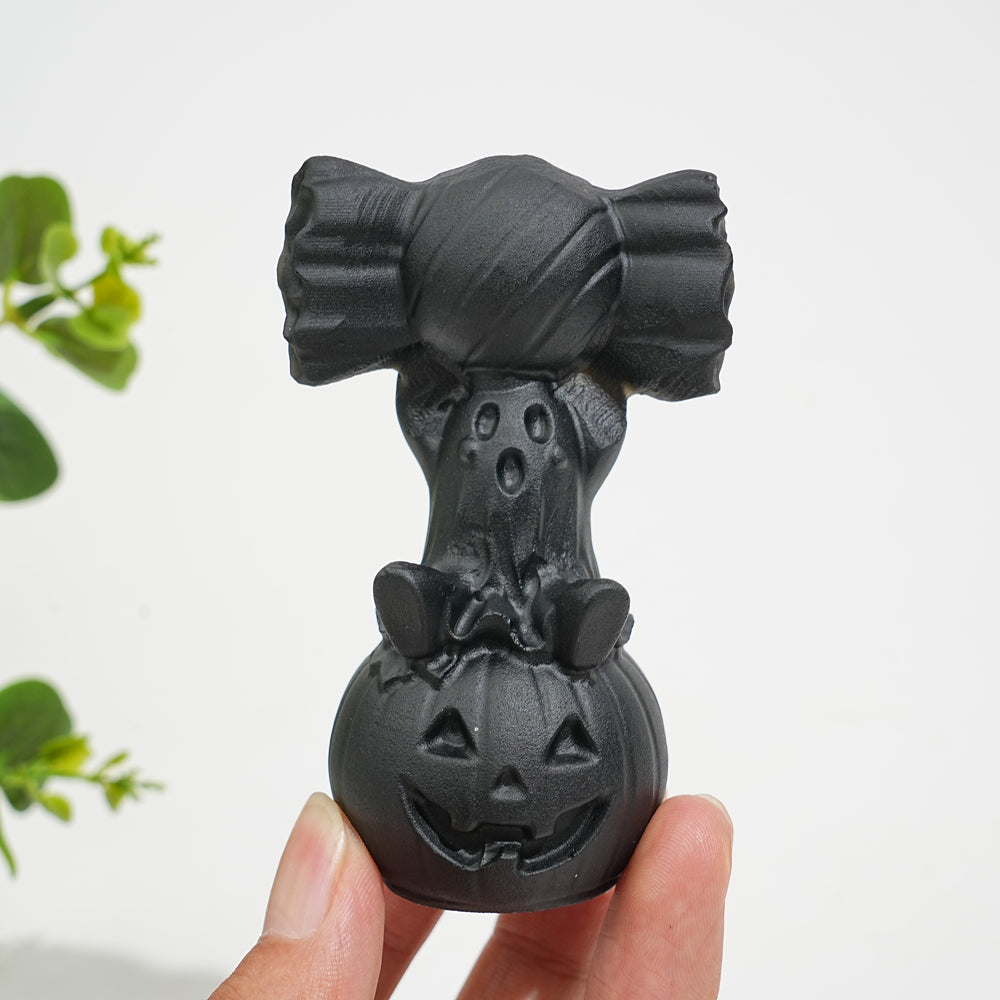 Natural Crystal Carving Black Obsidian Pumpkin Ghost Candy