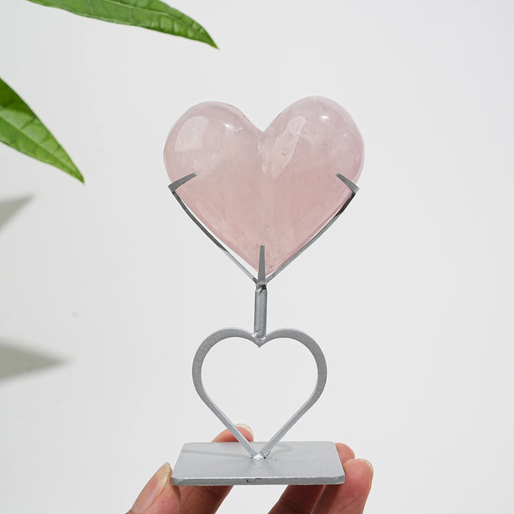 Unique,Natural Crystal Rose Quartz Heart With Stand
