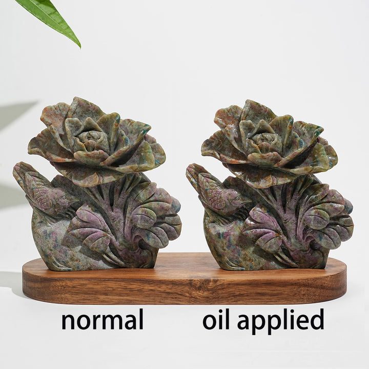 Unique,Natural Crystal Ruby Kyanite Fuchsite Flower With Bird Carving