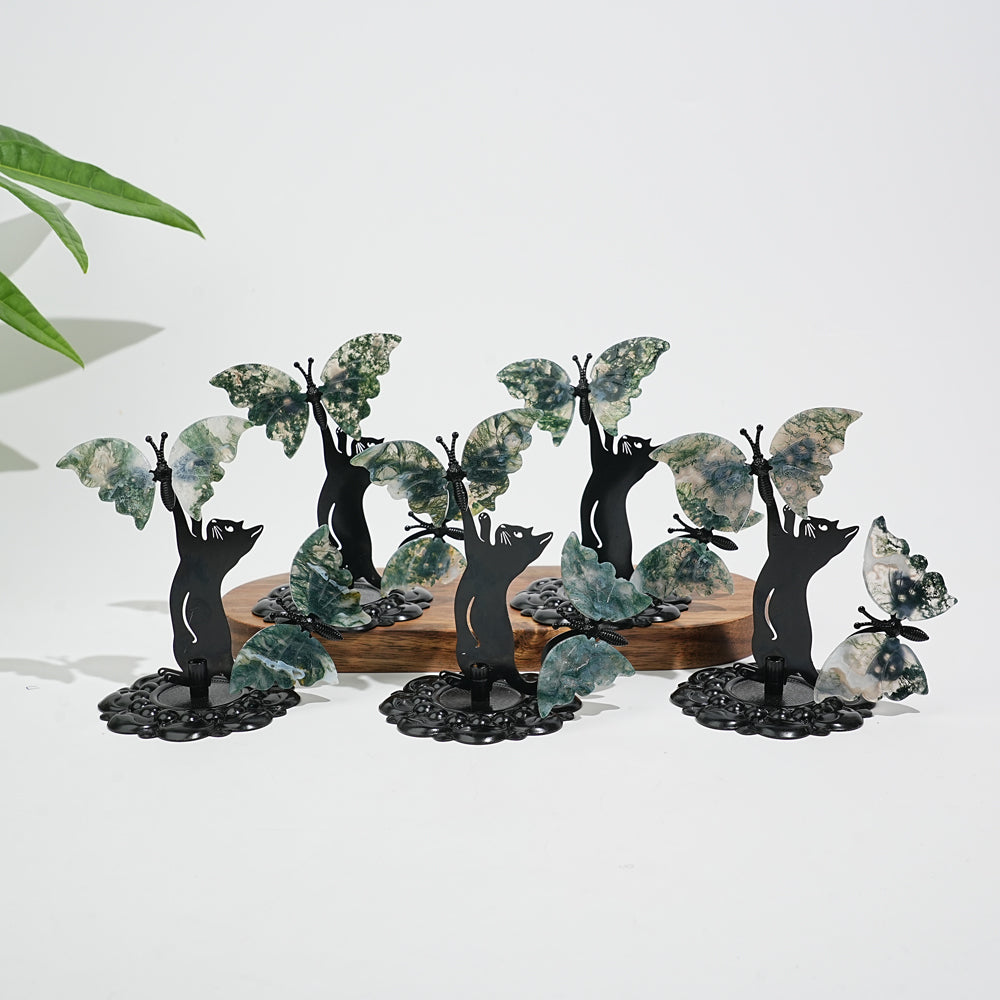 A Slightly Imperfect Natural Crystal Moss Agate Cat With Butterfly