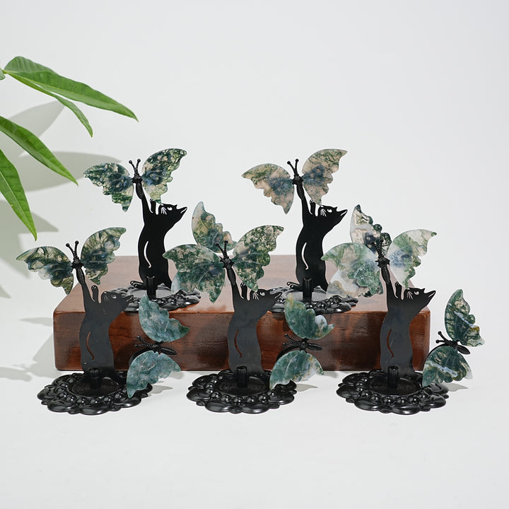 A Slightly Imperfect Natural Crystal Moss Agate Cat With Butterfly