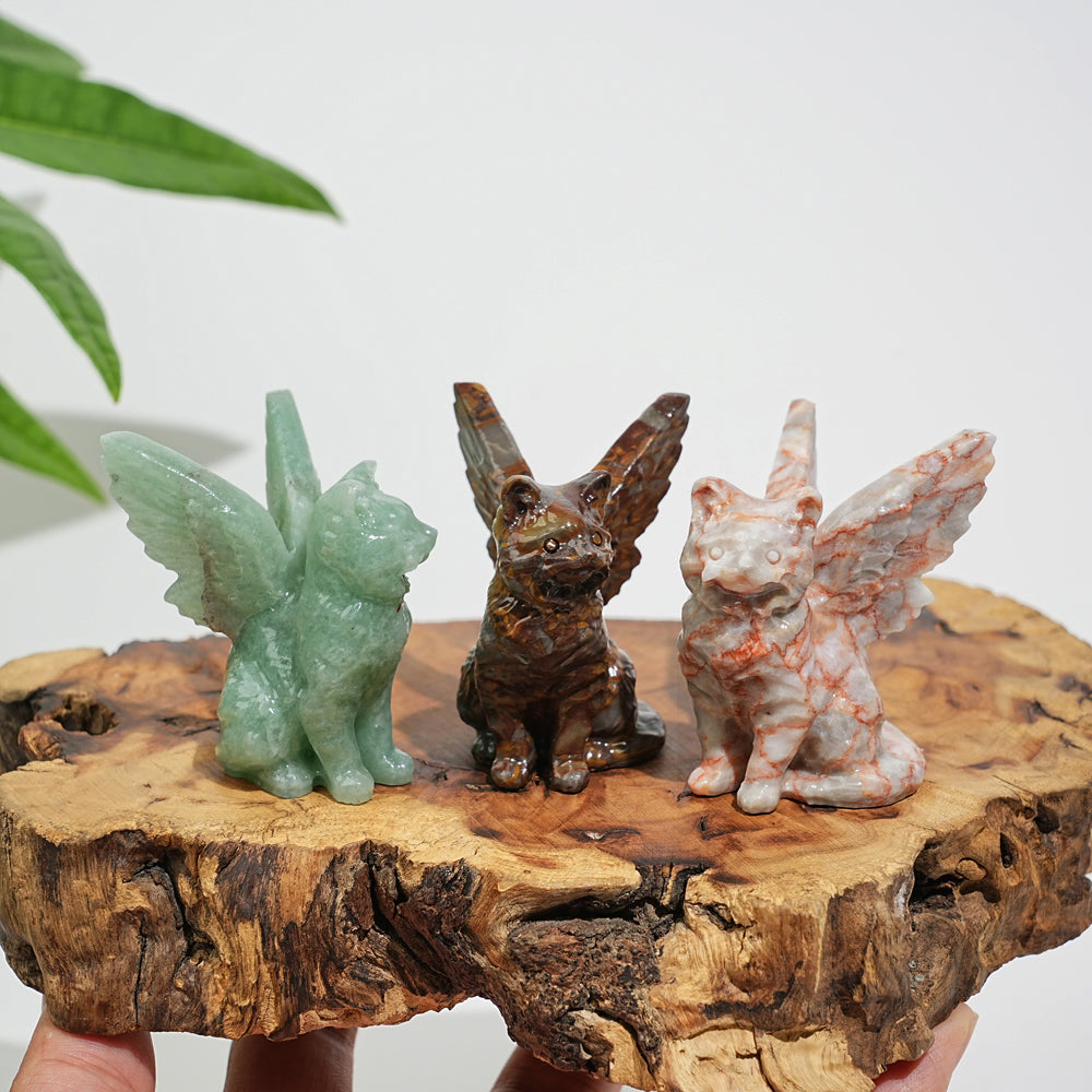 Natural Crystal Winged Cat Carving