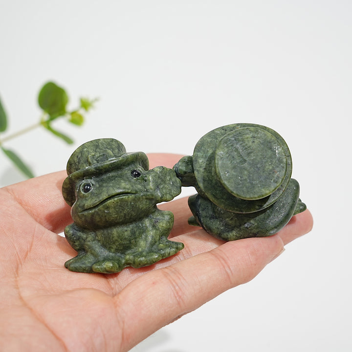 A Slightly Imperfect Natural Crystal Serpentine Frog With Flower Carving