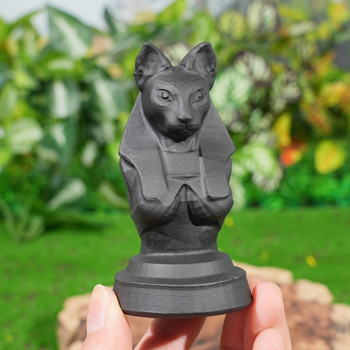 Natural Obsidian Cat-Faced Human Figurine