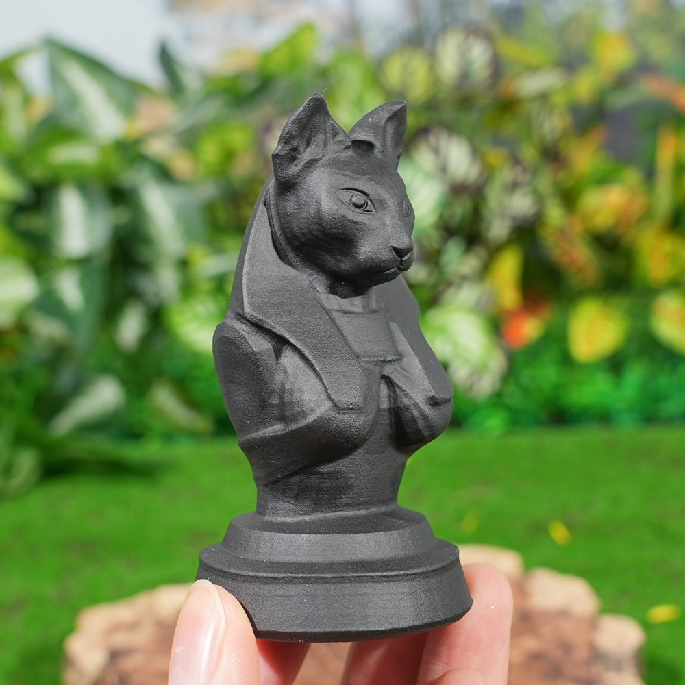 Natural Obsidian Cat-Faced Human Figurine