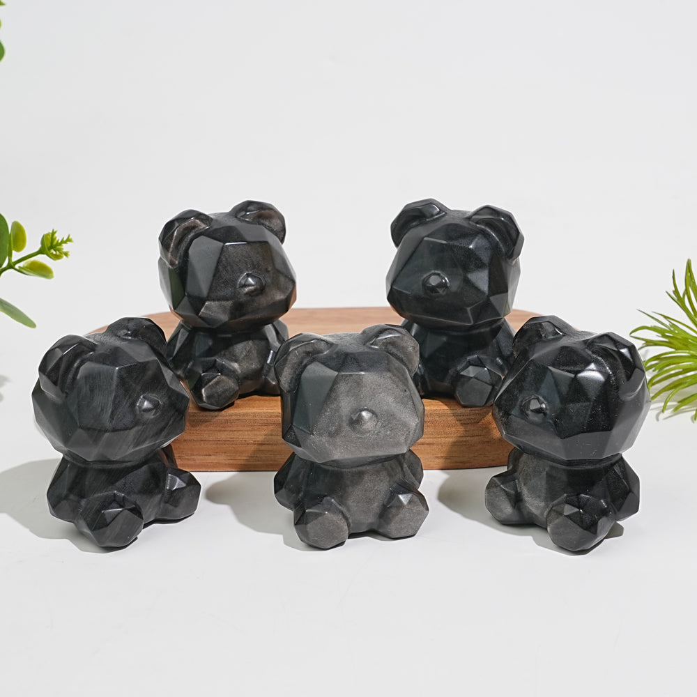 Natural Crystal Carving Silver Obsidian Faceted Candy Bear