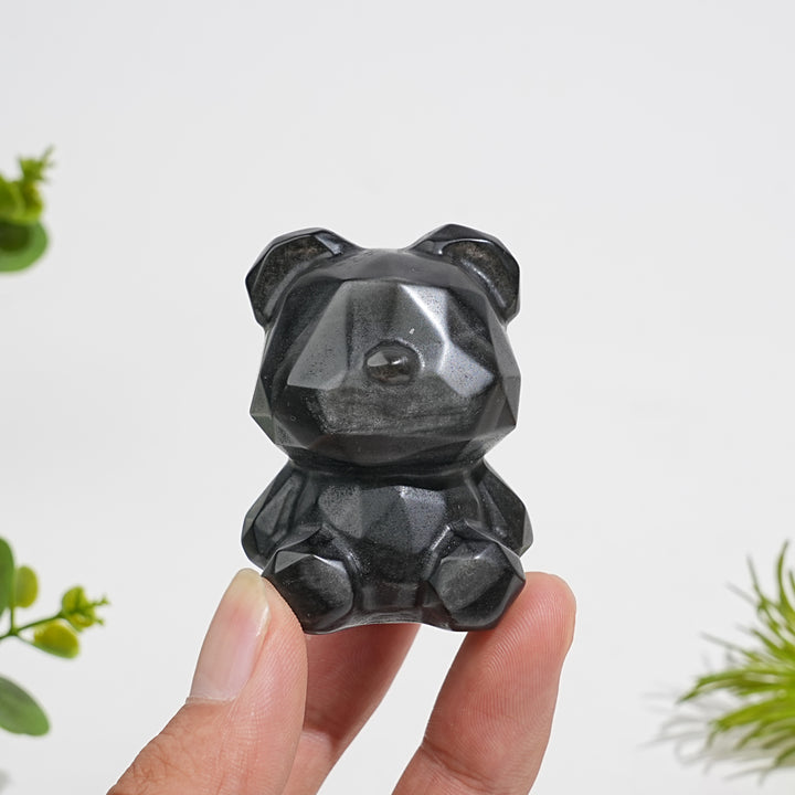 Natural Crystal Carving Silver Obsidian Faceted Candy Bear