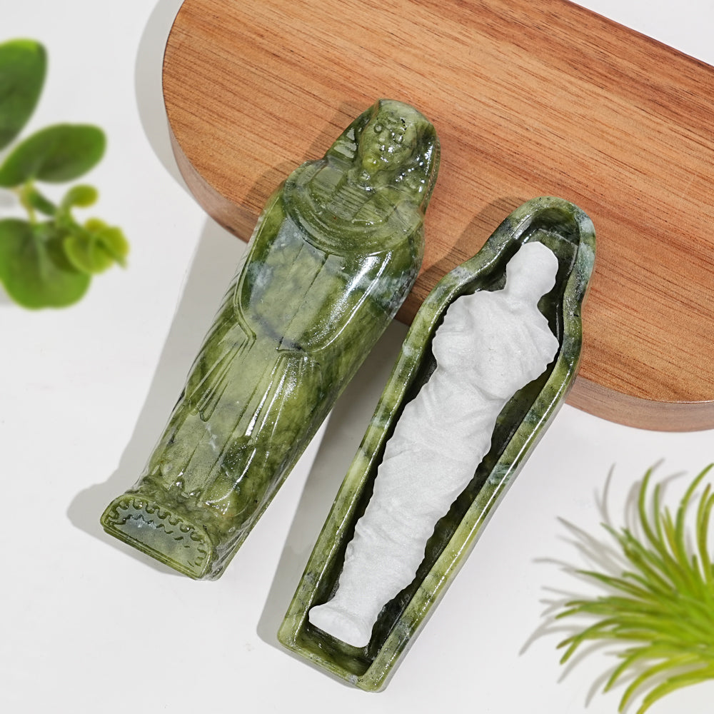 Natural Crystal Carving Serpentine Mummy Sarcophagus