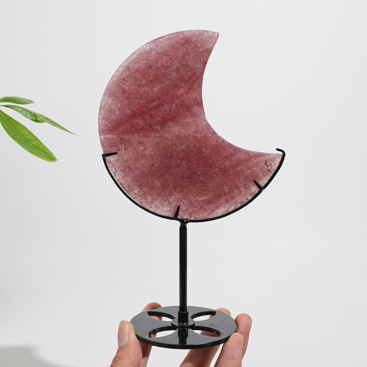 Unique,Natural Strawberry Quartz Moon With Stand