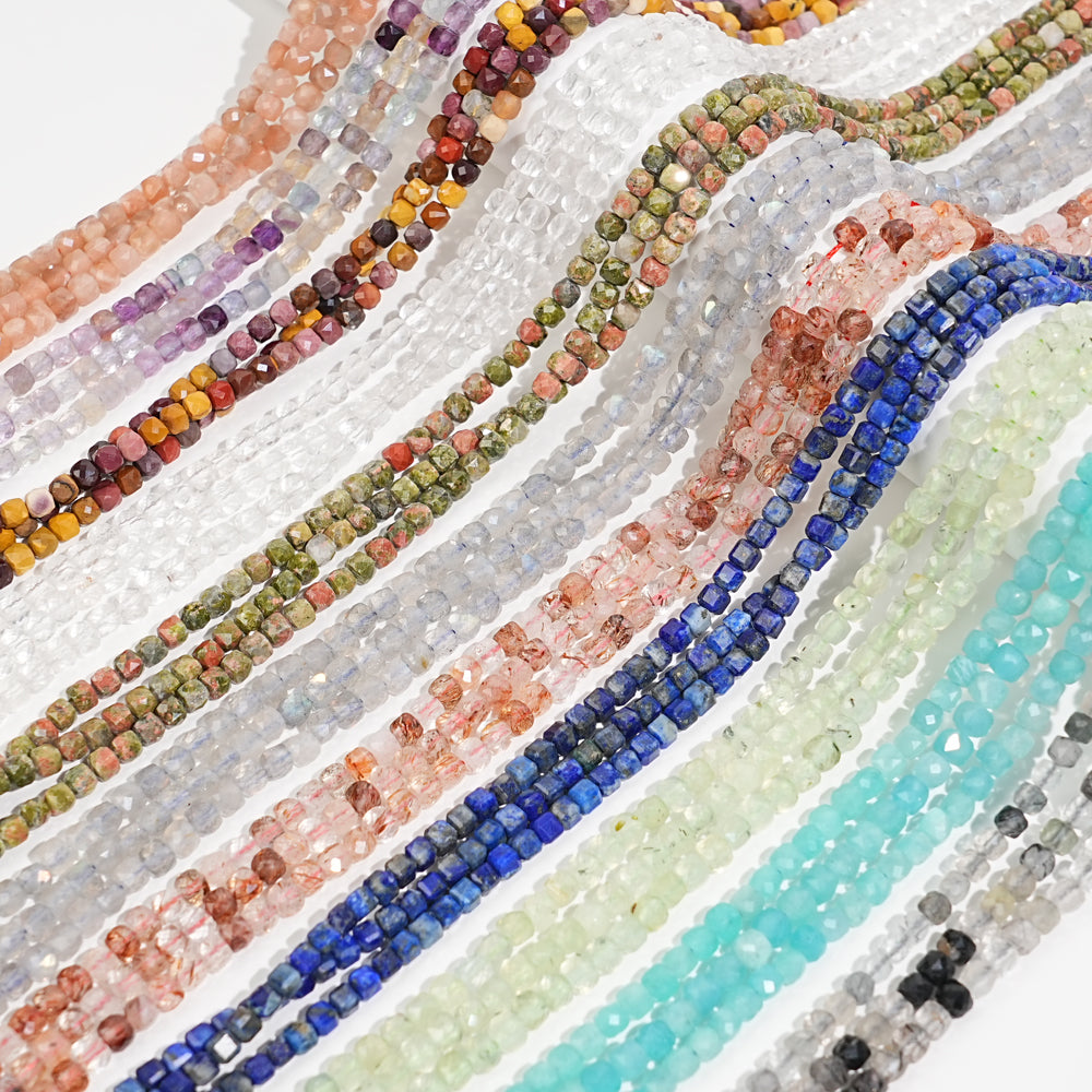 Natural Crystal Faceted Cube Dice Square Bead Strand