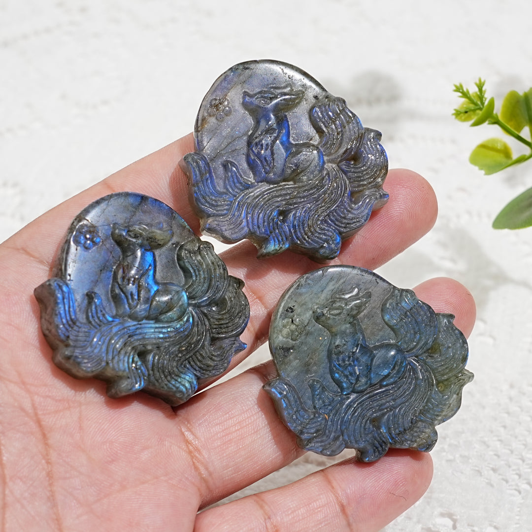 Natural Labradorite Nine-Tailed Fox Carving