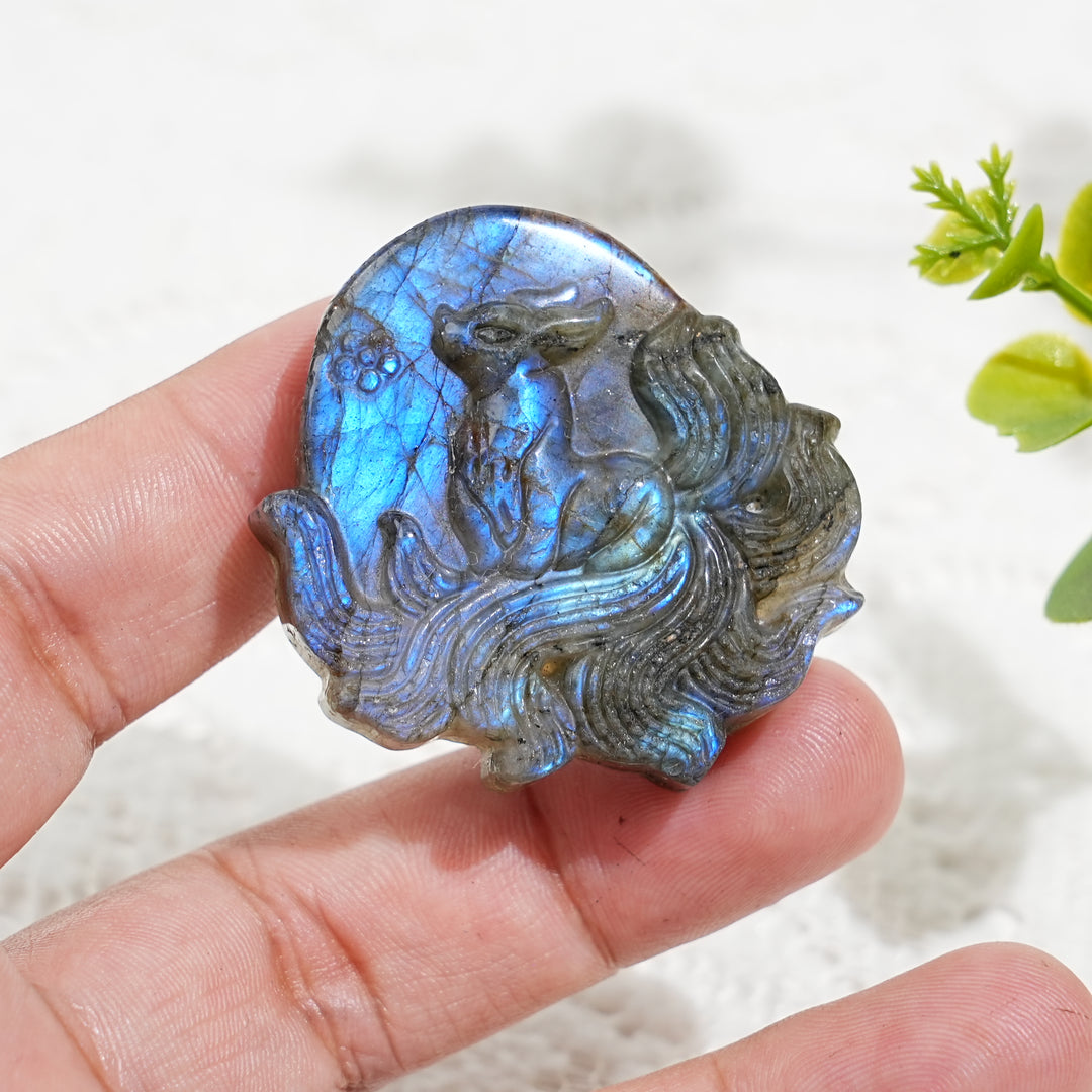 Natural Labradorite Nine-Tailed Fox Carving