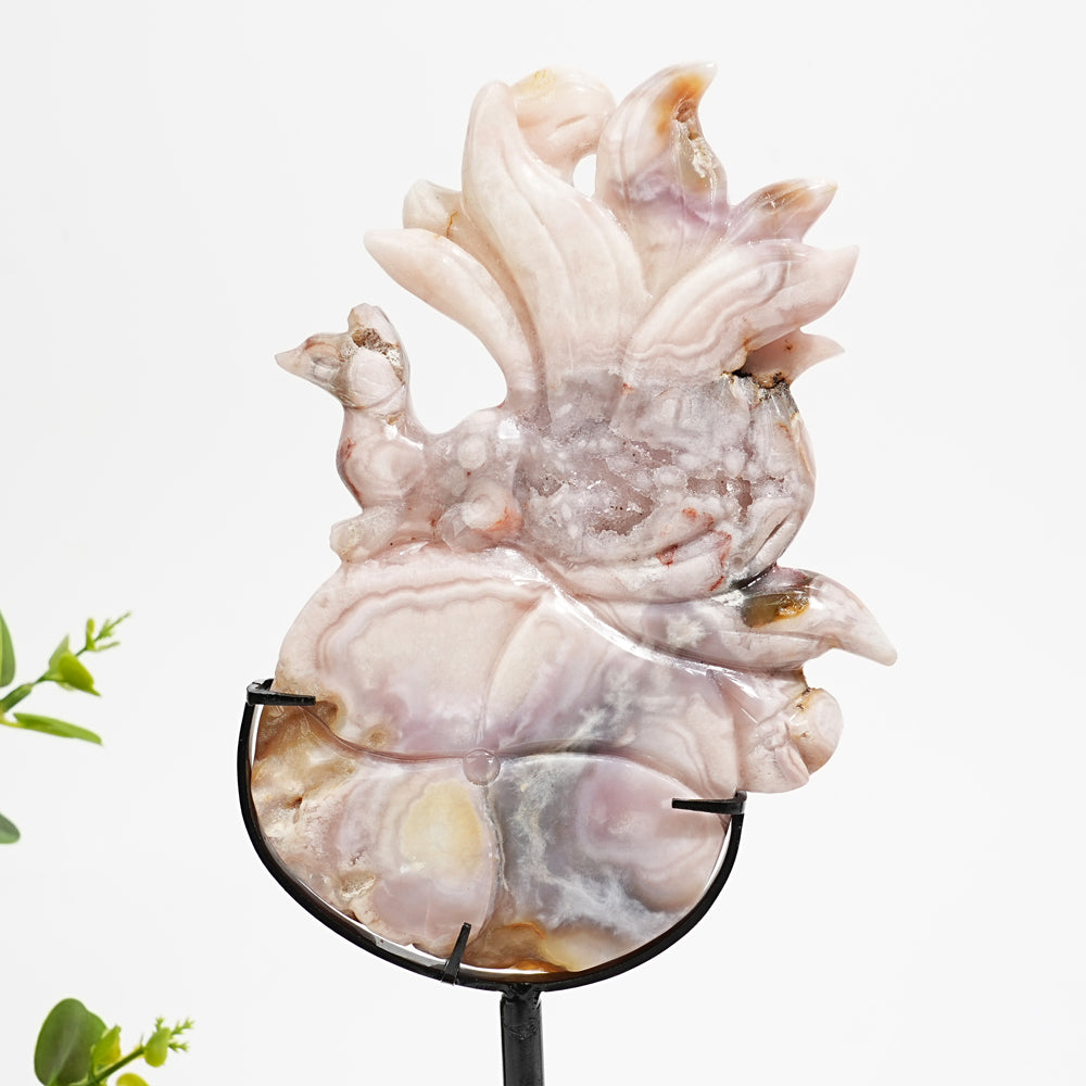Unique,Natural Pink Amethyst Nine-Tailed Fox Carving
