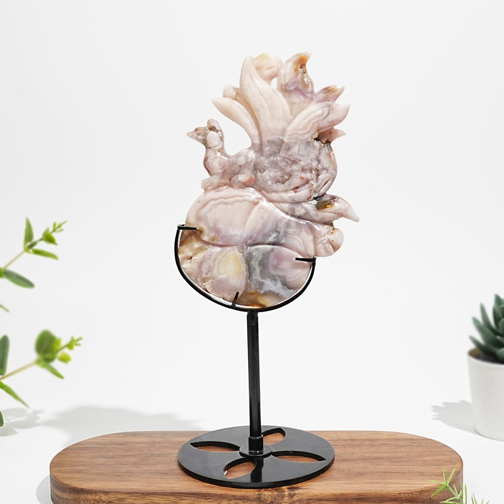 Unique,Natural Pink Amethyst Nine-Tailed Fox Carving