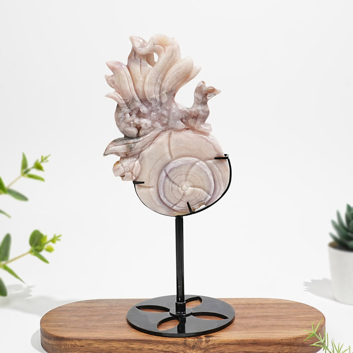 Unique,Natural Pink Amethyst Nine-Tailed Fox Carving