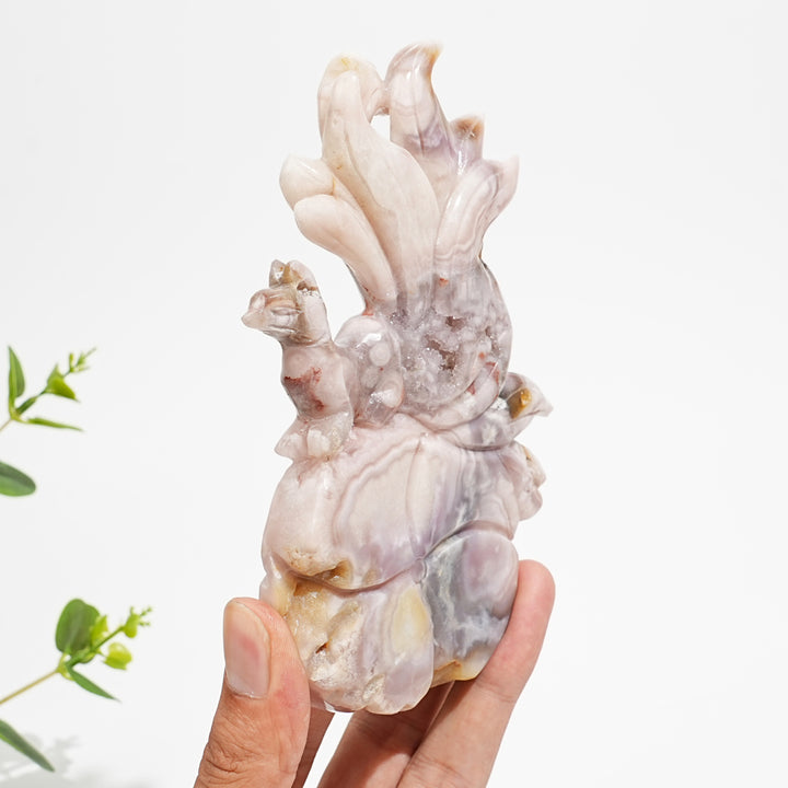Unique,Natural Pink Amethyst Nine-Tailed Fox Carving