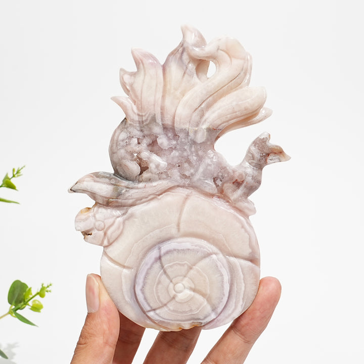Unique,Natural Pink Amethyst Nine-Tailed Fox Carving