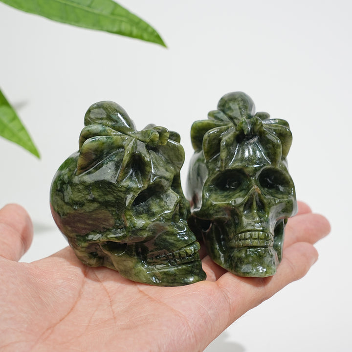 Natural Crystal Serpentine Spider Skull Carving