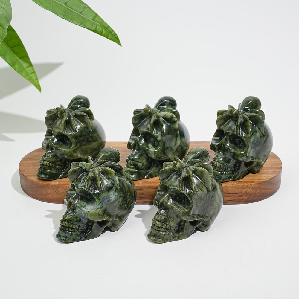 Natural Crystal Serpentine Spider Skull Carving