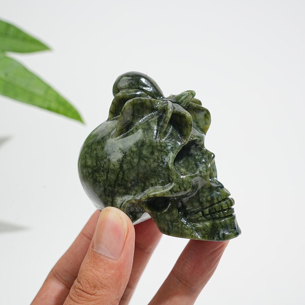 Natural Crystal Serpentine Spider Skull Carving