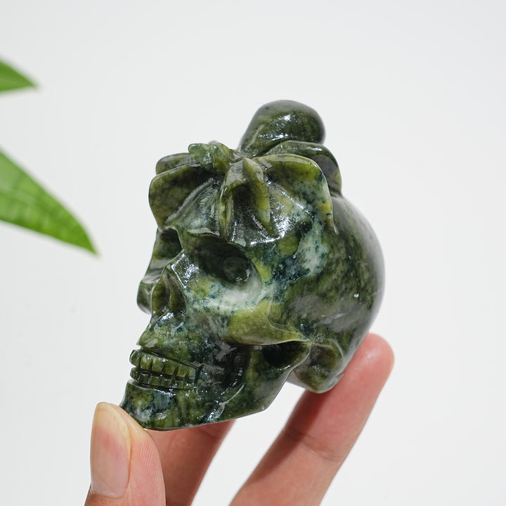Natural Crystal Serpentine Spider Skull Carving