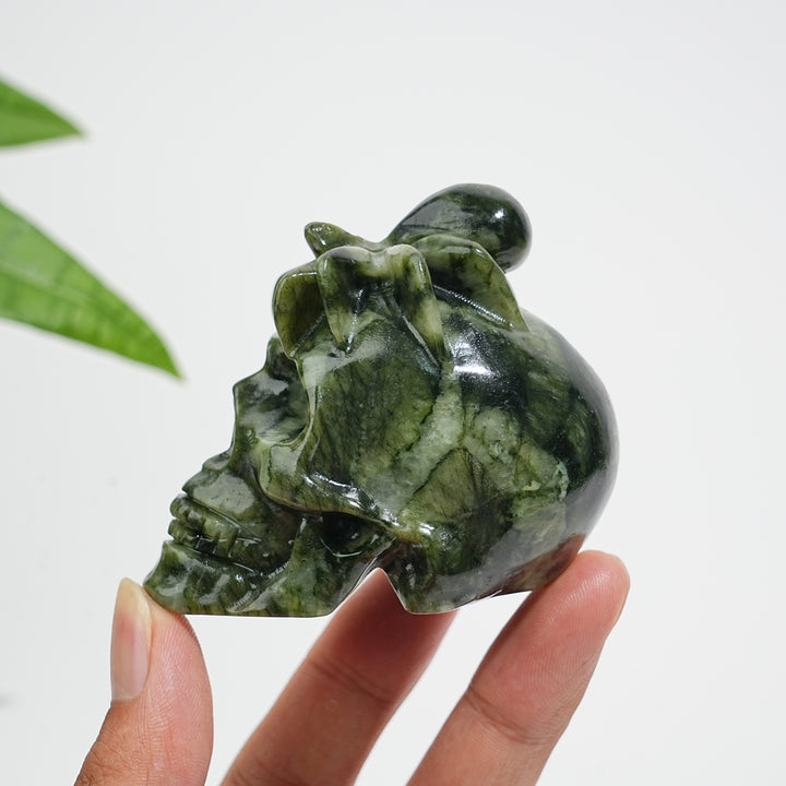 Natural Crystal Serpentine Spider Skull Carving