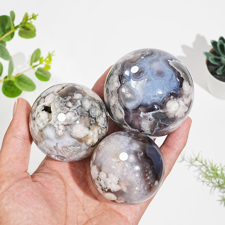 A Slightly Imperfect Natural Crystal Black Flower Agate Sphere
