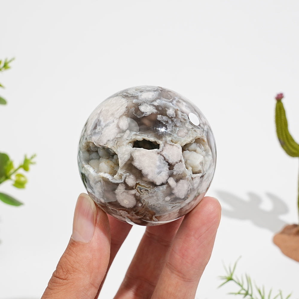 A Slightly Imperfect Natural Crystal Black Flower Agate Sphere