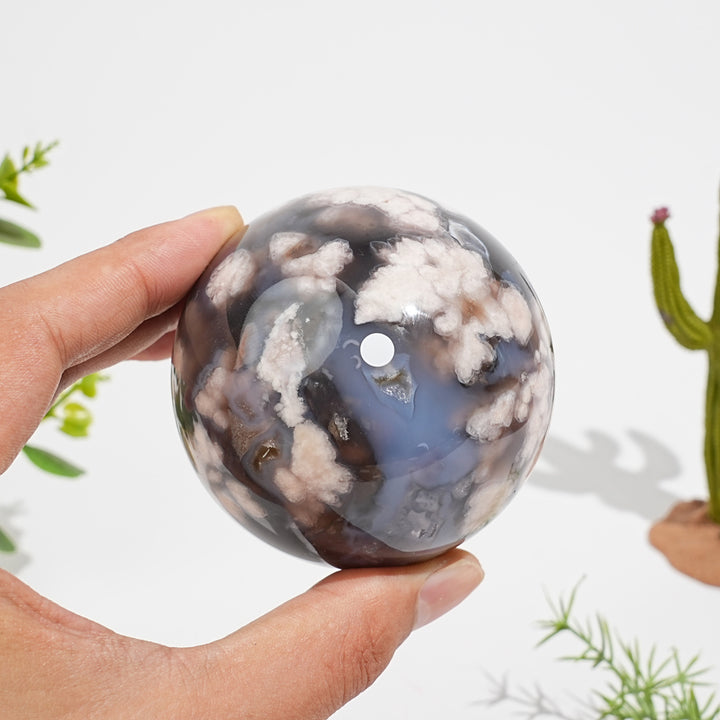 A Slightly Imperfect Natural Crystal Black Flower Agate Sphere