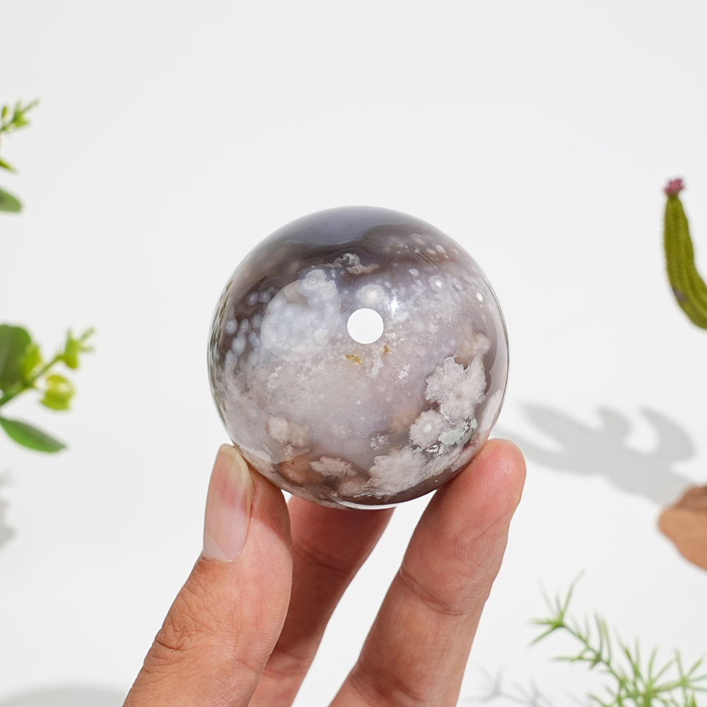 A Slightly Imperfect Natural Crystal Black Flower Agate Sphere