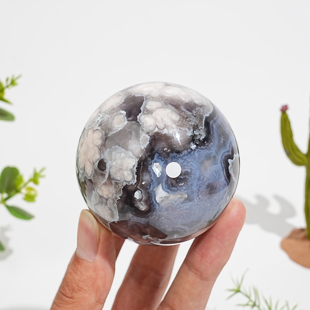 A Slightly Imperfect Natural Crystal Black Flower Agate Sphere