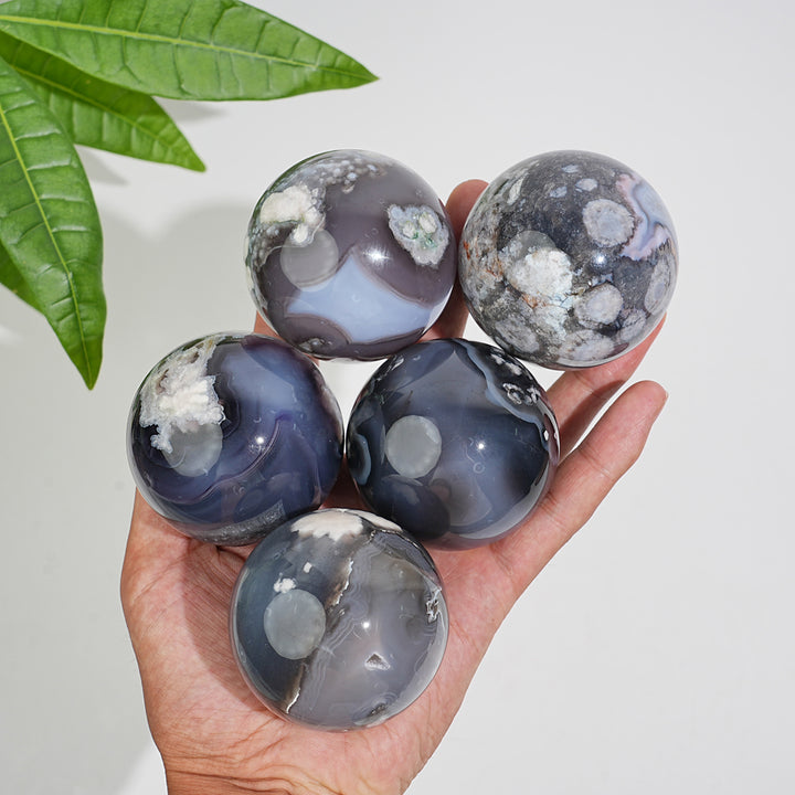 Natural Crystal Black Flower Agate Sphere