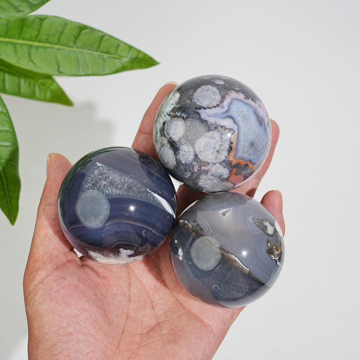 Natural Crystal Black Flower Agate Sphere