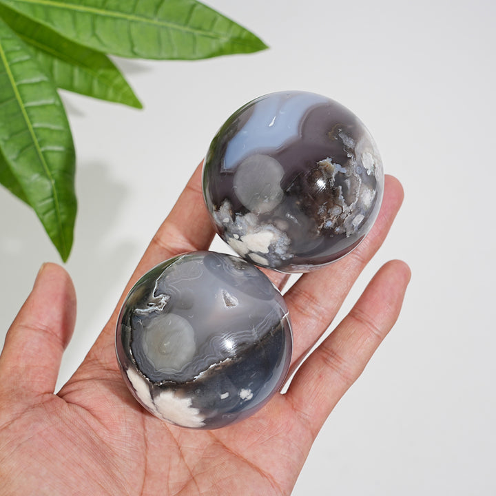 Natural Crystal Black Flower Agate Sphere
