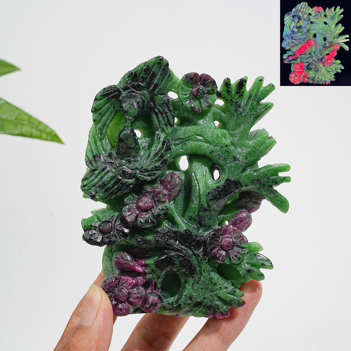 Unique,Natural Crystal Lush Ruby In Zoisite Bird With Blossom Carving