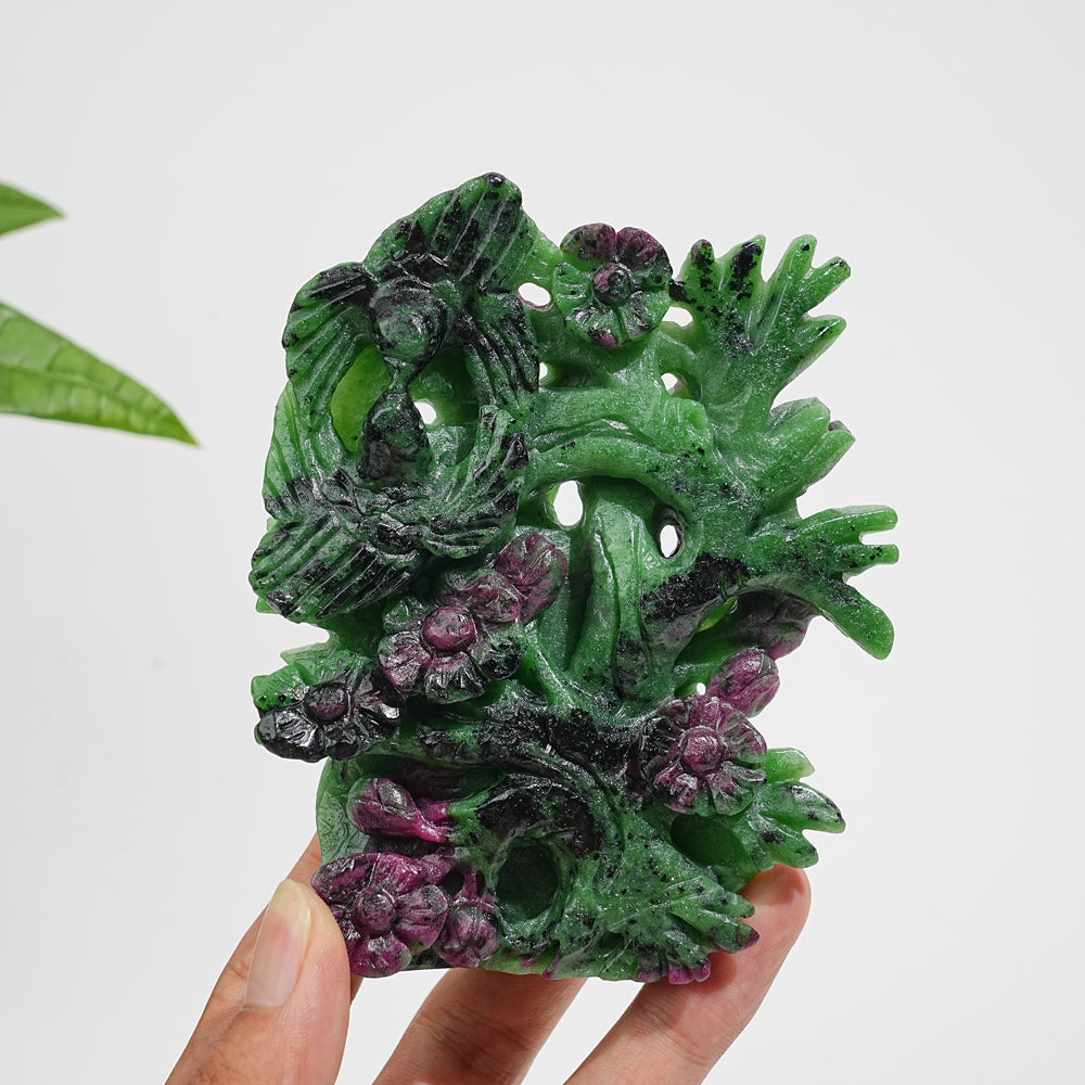 Unique,Natural Crystal Lush Ruby In Zoisite Bird With Blossom Carving