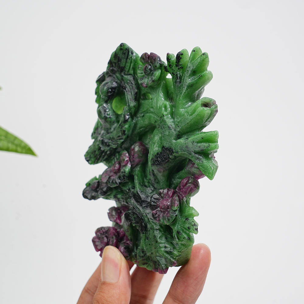 Unique,Natural Crystal Lush Ruby In Zoisite Bird With Blossom Carving