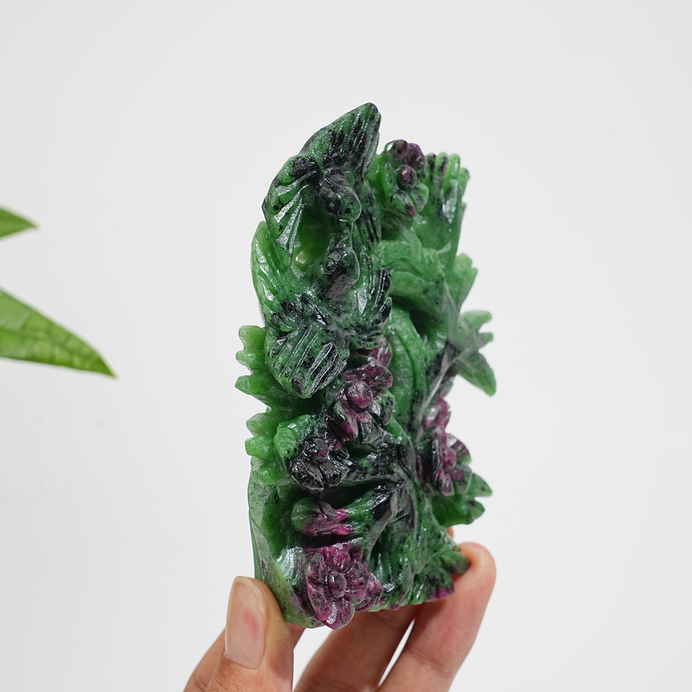 Unique,Natural Crystal Lush Ruby In Zoisite Bird With Blossom Carving